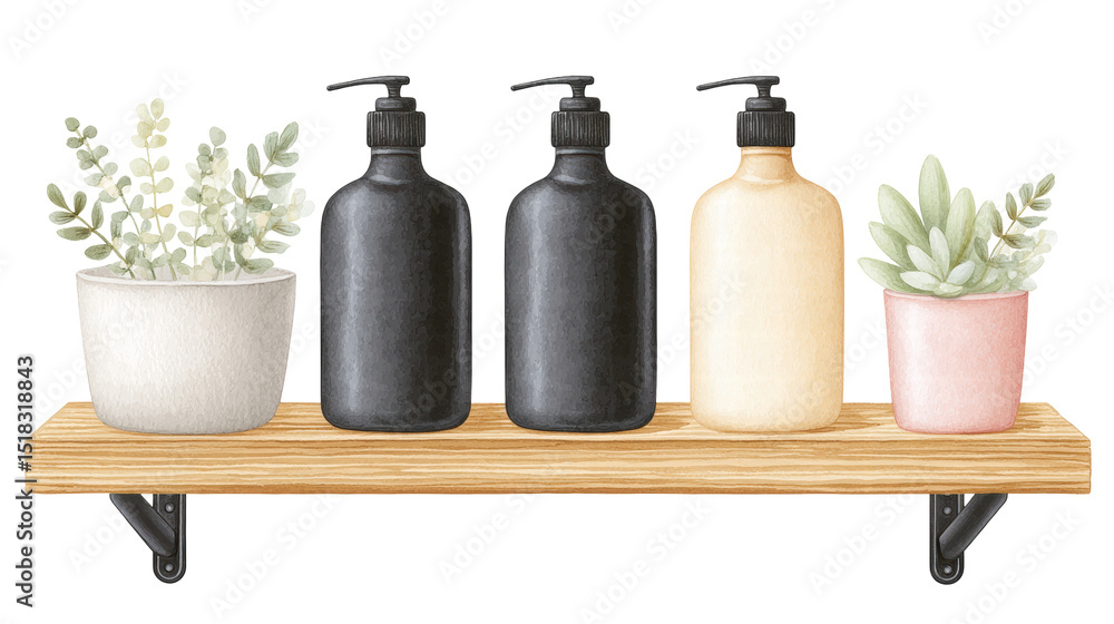 Poster isolated bottles and potted plants on wooden shelf with transparent background in simple style