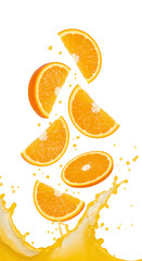 orange slices falling down with orange juice PNG. Fresh and organic orange juice with orange citrus fruit slices flying isolated. Vegan vegetarian oranges flying png. orange fruit isolated