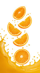 orange slices falling down with orange juice PNG. Fresh and organic orange juice with orange citrus fruit slices flying isolated. Vegan vegetarian oranges flying png. orange fruit isolated