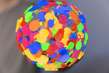 Abstract 3D sphere of colorful speech bubbles. Global communication, social media, networking concept.