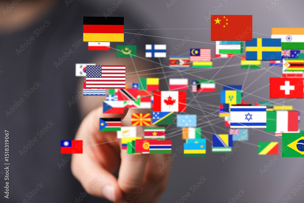 Poster hand interacting with a digital network of flags, representing global connections and international 