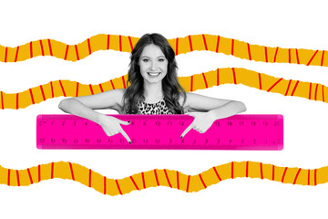Banner full 3d photo trend image collage of happy teenager girl point pink ruler measure centimeter...