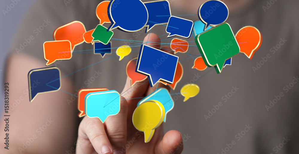 Fototapete Abstract image of colorful speech bubbles interconnected, symbolizing communication and networking.
