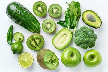 Detailed Color Image of Top View Green Fruits and Vegetables Isolated on White Background
