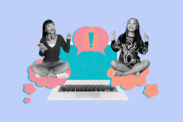 Contemporary image art collage of happy girl guy stand laptop bubble notification exclamation mark...