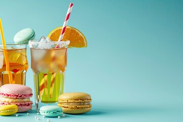 A Front View Colored Cocktails Cooling with Straws Along with French Macarons on Blue