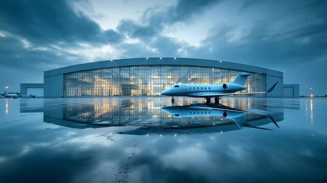 Aircraft Parked in Front of Glowing Hangar With Storm Clouds