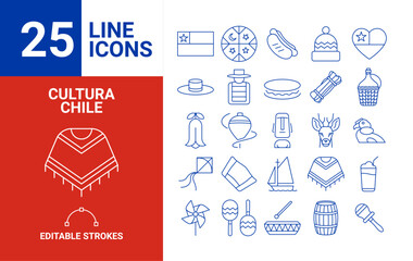 Set de 25 iconos de la cultura de Chile, simbolos patrios, comidas típicas, fauna, vectores en Formato Vectorial. Fiestas Patrias