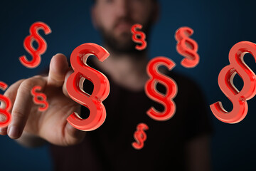 Abstract image of a man interacting with floating paragraph symbols.  Perfect for legal, law, or...