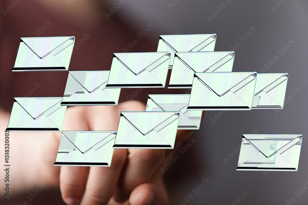 Poster A person interacts with a digital display showing numerous email messages, symbolizing email management.