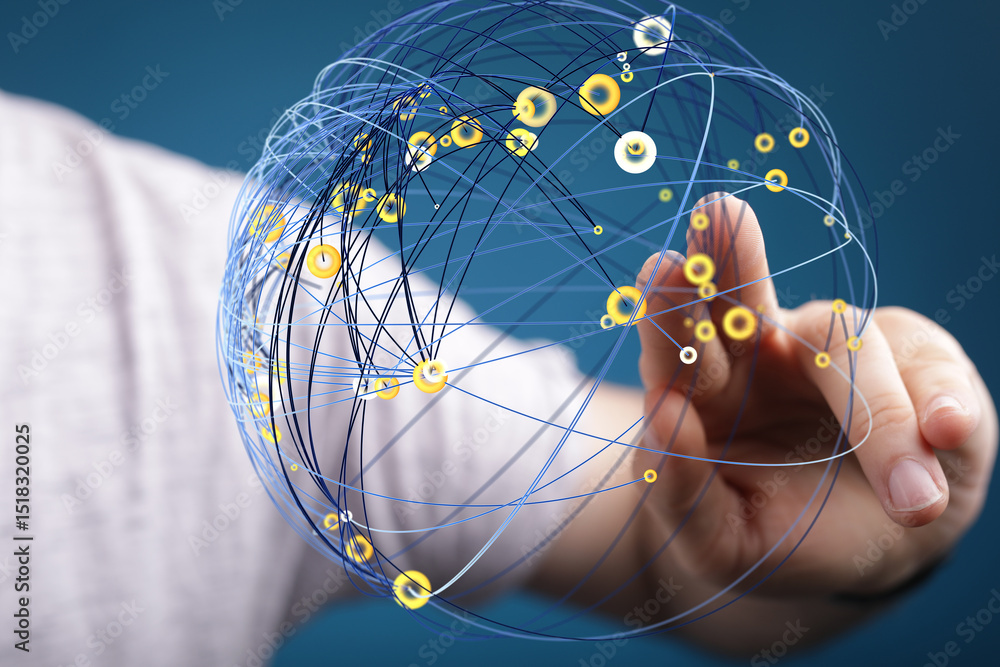 Poster Abstract image of a hand interacting with a digital network sphere, representing global connectivity and data flow.