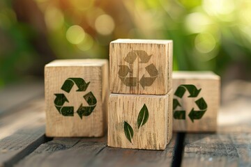 Vibrant Picture of Reduce, Reuse, Recycle Symbols on Wood Blocks