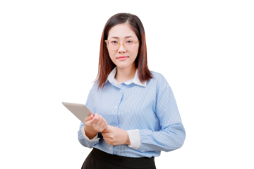 Asian young beautiful woman in glasses holds a tablet and looks confidently forward, dressed in a blue striped shirt.