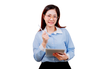 Asian young beautiful woman in glasses holding a tablet and stylus, wearing a striped shirt and smiling confidently.