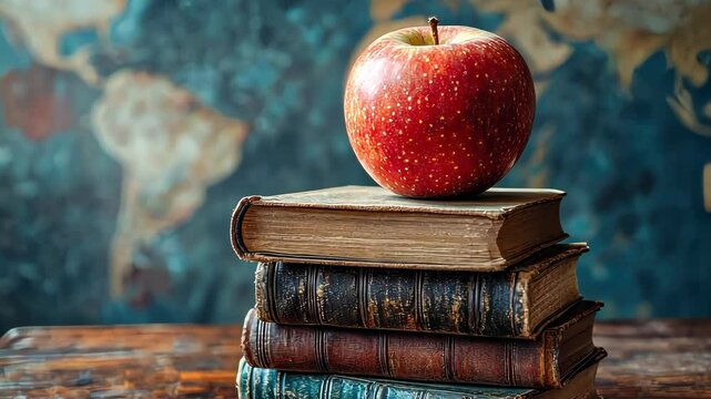 Red apple resting on stack of vintage books against blurred world map background