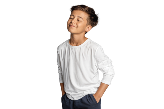 Relaxed young boy in casual outfit with eyes closed and hands in pockets, smiling peacefully. Isolated on transparent background