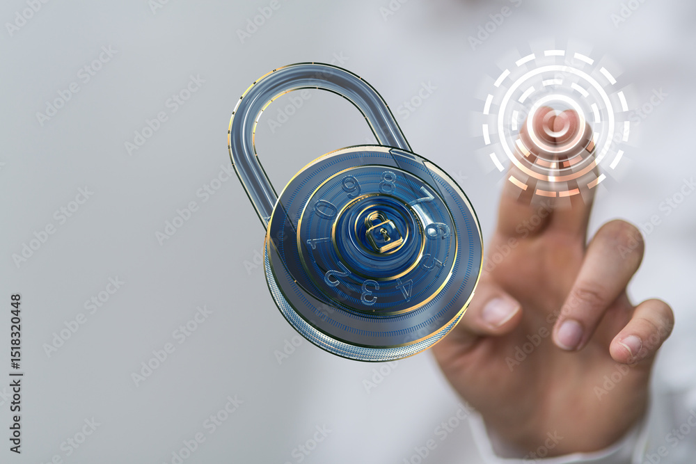 Poster cybersecurity concept. secure digital lock, data encryption, online safety.
