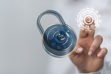 Cybersecurity concept.  Secure digital lock, data encryption, online safety.