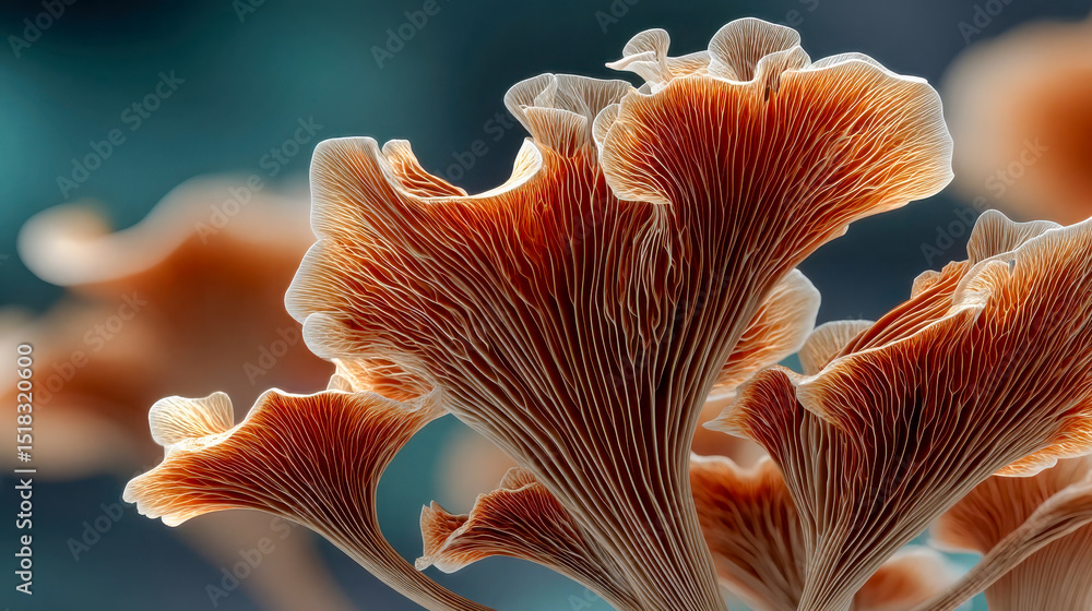 Poster close-up of abstract glowing mushroom-like structures with intricate folds and a radiant inner light