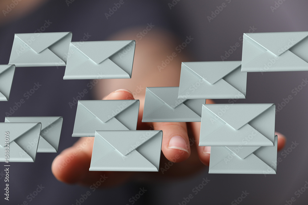 Poster Hand interacting with numerous digital emails,concept of email overload and inbox management.
