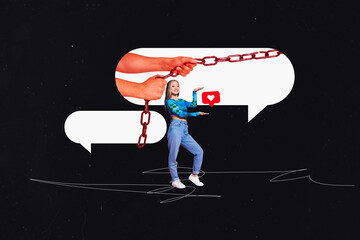Trend artwork template design 3D collage sketch of hand hold chain note texting cloud communication...
