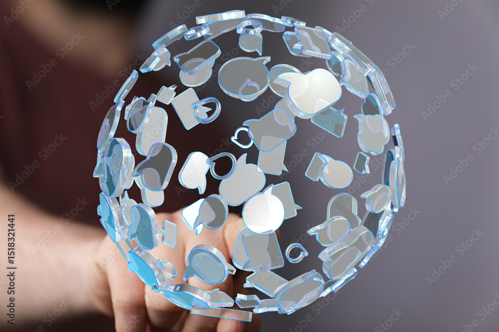 Poster abstract image of a sphere filled with communication bubbles, symbolizing global networking and conn