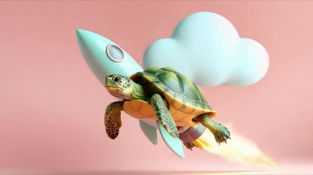 Turtle rocket launch, pink background, clouds
