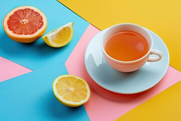 Detailed Color Picture of Cup of Tea with Lemon and Grapefruit on Pink Yellow and Blue Background