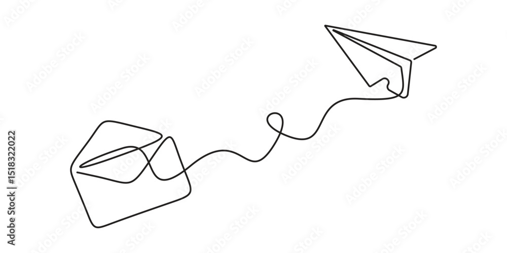 Poster continuous single line drawing of envelope mail with airplane paper, vector illustration of continuo