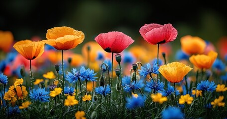 Fototapeta premium Bright multicolored poppies and blue cornflowers in a blooming wildflower meadow during springtime with vivid natural colors Generative AI