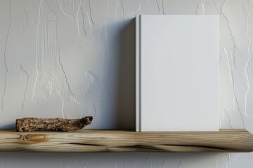 High Quality Image of a White Book with a Wooden Shelf and a Wooden Object on it