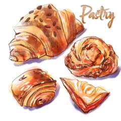 Delicious assortment of pastries illustrated in a watercolor graphic style  Isolated on White Background