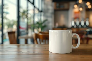 High Quality Picture of Mockup White Mug Coffee on the Table with Coffee Shop Background
