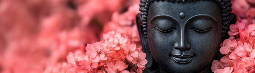 Closeup black Buddha statue face with closed eyes surrounded by vibrant pink hydrangea flowers in serene garden setting for meditation and spirituality concepts