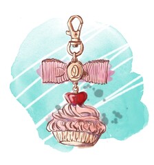 Watercolor Graphic Sketch of Cupcake Keychain with Pink Bow on whine background – Isolated