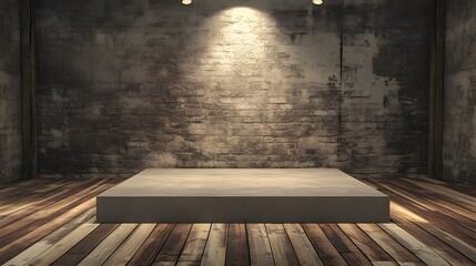 Empty gray concrete platform on a wooden floor in a rustic room.