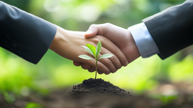 A handshake over a growing seedling symbolizes environmental protection, sustainable business, and a partnership for a greener future.