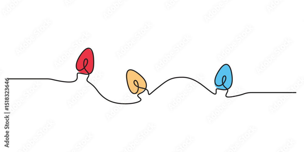 Poster continuous one line drawing of christmas garland with light bulbs. christmas garland in one continuo