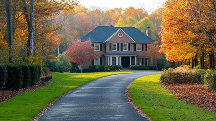 A beautiful brick house is set amidst colorful autumn trees along a curving driveway. The scene captures the essence of fall with bright, warm hues and a serene atmosphere