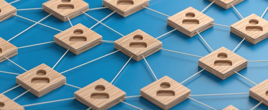 The interconnected network of wooden user icons on a blue background.