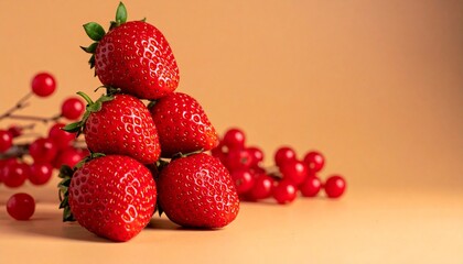 Modern food photography of strawberries stacked on a warm-toned backdrop with fairy lights, fantasy photo
