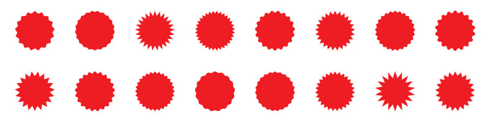 Set of Zig zag wavy edge red starburst circle shapes icon. Red color classic abstract elements with jagged edges. Vector illustration of silhouette blank for sicker, label, tag, badge, stamp, etc. 