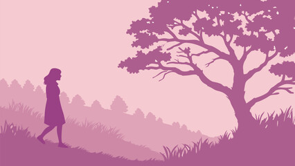 Silhouette of People Walking in a Peaceful Nature Landscape &ndash; Vector Art