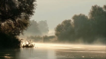Serene river landscape with morning fog obscuring trees and reflecting golden light on rippling water surface, creating tranquil scene. - Powered by Adobe