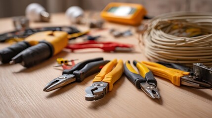 The collection of essential tools on a wooden workspace for electrical repairs.