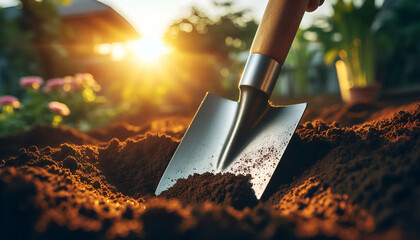 Close-up of a steel garden spade digging into fresh soil in a backyard garden during sunrise.