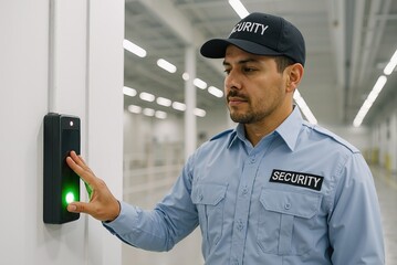 security guard using an access control system to ensure safety in a modern facility, demonstrating vigilance and professionalism in his role