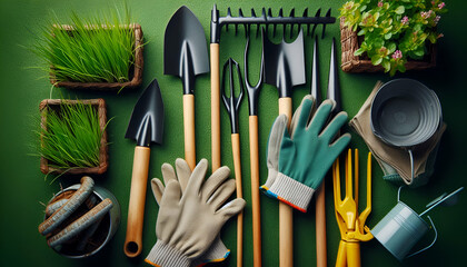Top view of various gardening tools including a spade, rake, and gloves on green grass background.