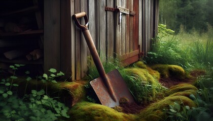 Old rusty garden spade leaning against a wooden shed with moss and overgrown grass around.
