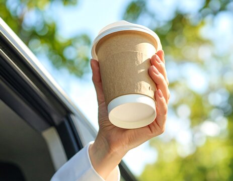 Vaso de caf&eacute; de cart&oacute;n sostenido por una mano saliendo de la ventanilla de un coche, con fondo de follaje borroso y cielo azul